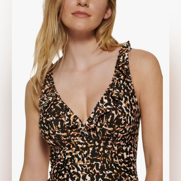 DKNY Women's Printed Ruffle Plunge Tummy-Control One-Piece swimsuit/size 12 - Picture 4 of 13